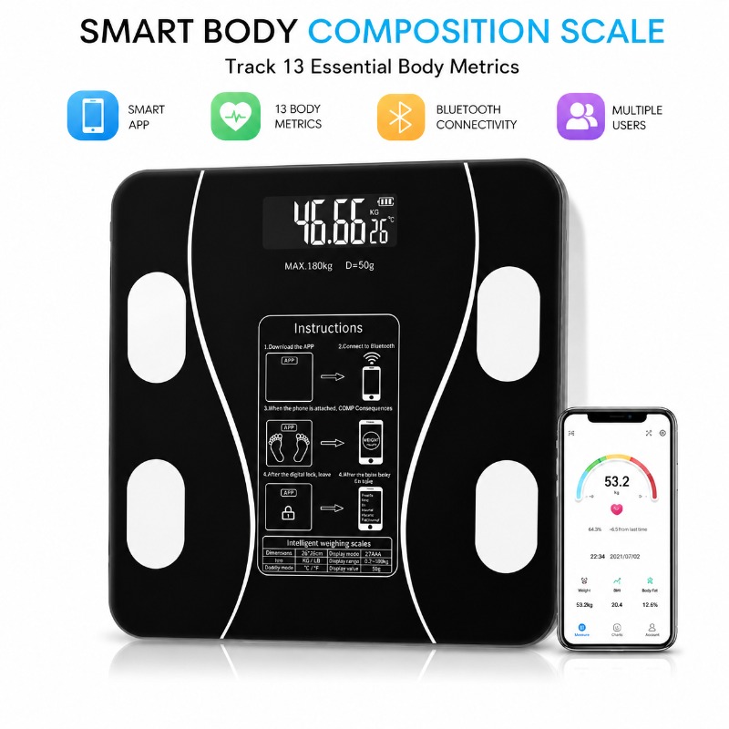Digital Body Weight Scale - เครื่องชั่งน้ำหนักอัจฉริยะบลูทูธ วิเคราะห์องค์ประกอบร่างกาย วัดน้ำหนักดิจิตอลในห้องน้ำ ทดสอบข้อมูลร่างกายหลายรายการ ซิงค์ข้อมูลผ่านแอปพลิเคชันสำหรับผู้ใช้หลายคน