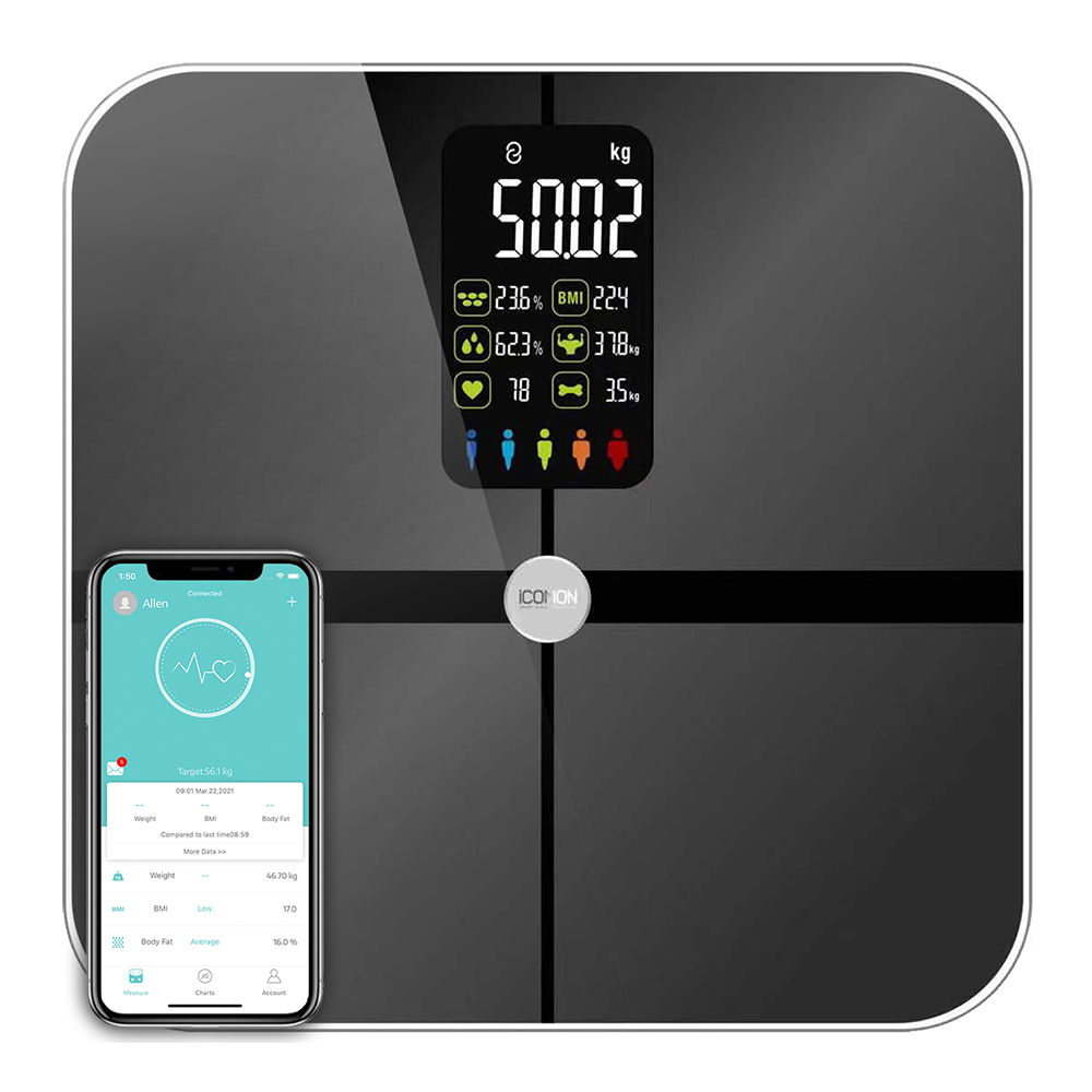 Digital Body Weight Scale - เครื่องชั่งน้ำหนักดิจิตอลบลูทูธในห้องน้ำ - เครื่องวิเคราะห์ไขมันในร่างกายและค่าดัชนีมวลกายความแม่นยำสูง จอแสดงผลขนาดใหญ่ สำหรับการตรวจสอบสุขภาพ